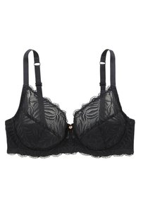 Soutien-gorge en dentelle noire avec motif floral, soutien-gorge avec armatures, bretelles réglables et un petit bouton décoratif au centre.