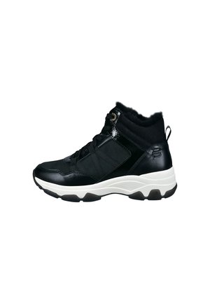 Black high-top sneaker featuring a mix of leather and fabric, textured collar, white sole, and accent details like laces and logo.
