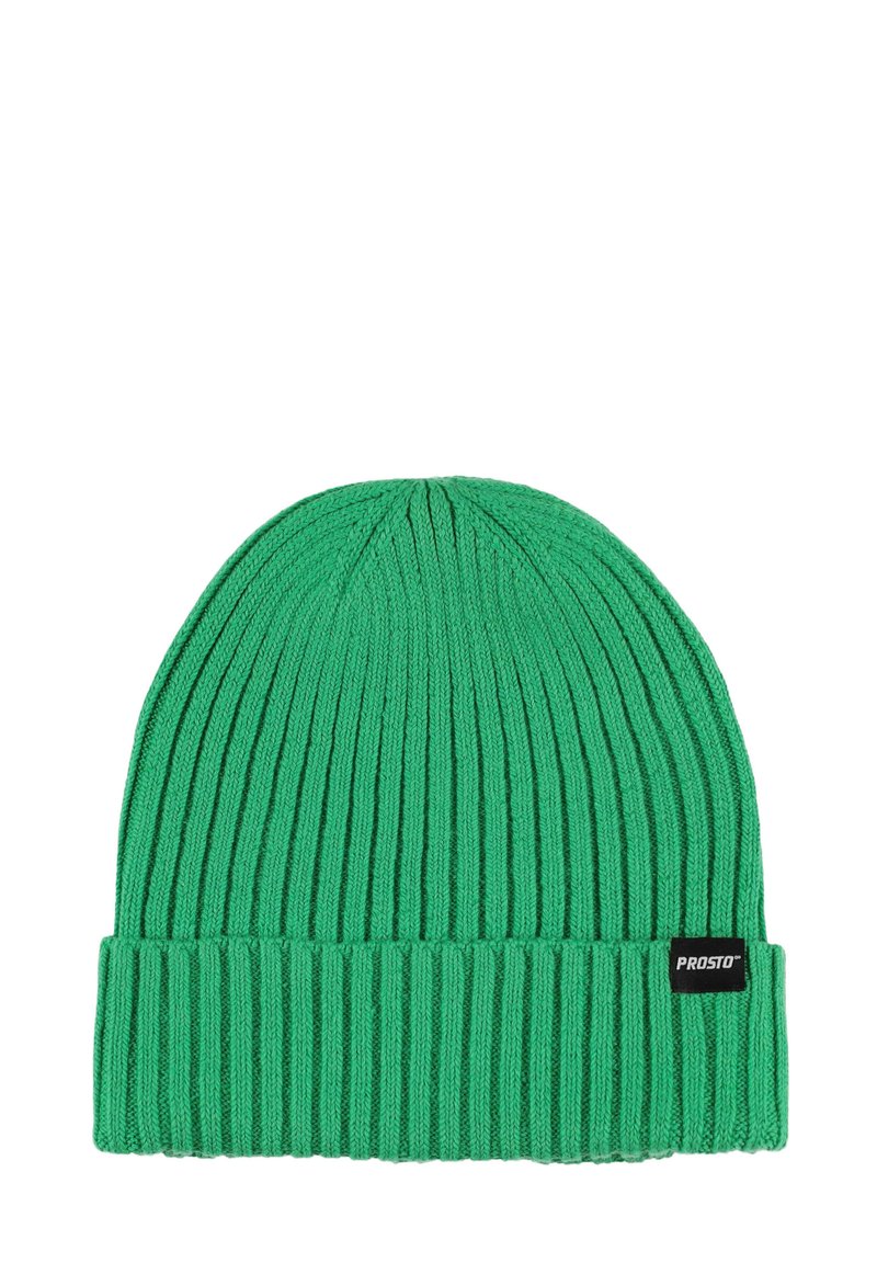 Zielona dziergana czapka typu beanie z prążkowaną fakturą i podwiniętym mankietem. Po boku znajduje się czarna metka z logo.