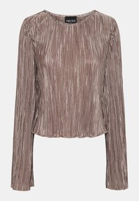 Haut à manches longues métallisé en bronze avec une texture plissée, un col rond et une coupe décontractée. L'étiquette indique "PIECES."