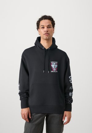 Black hoodie with a drawstring, front kangaroo pocket, and graphic print on the chest and sleeve. Soft fabric, ribbed cuffs and hem.