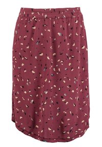 Bordó sukně z lehké látky s barevným abstraktním vzorem. Má elastický pas a volný střih.