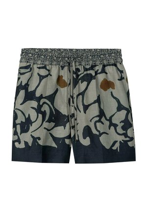 Grau-schwarze Shorts mit elastischem Bund und Kordelzug, verziert mit abstrakten dunklen und braunen Blumenmustern.