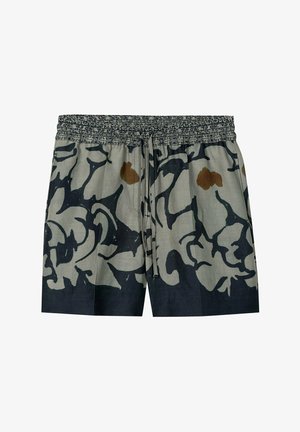 Grau-schwarze Shorts mit elastischem Bund und Kordelzug, verziert mit abstrakten dunklen und braunen Blumenmustern.