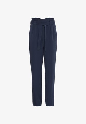 Marineblaue Hose mit einem figurbetonten Bund, ausgestattet mit einem Bindegurt, geradem Beinansatz und glatter Stoffstruktur. Keine sichtbaren Taschen.