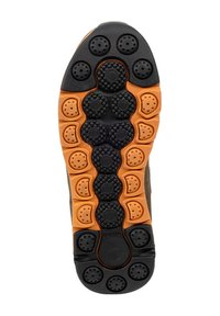 Shoe outsole featuring a dual-color design with black and orange. Textured rubber surface with circular and hexagonal patterns for grip.