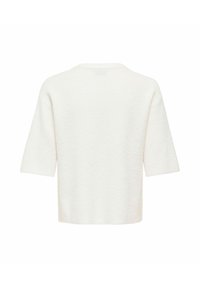 Pull tricoté blanc à manches courtes avec un col rond, présenté de dos sur un fond blanc uni.