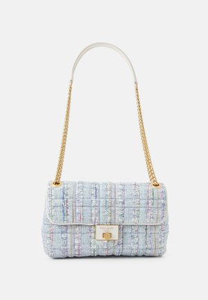 Borsa in tweed tonalità blu con fili multicolori; dotata di tracolla a catena dorata e chiusura frontale con accento logo. Superficie testurizzata.