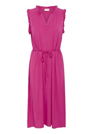 Robe sans manches fuchsia avec des épaules froncées, décolleté en V et taille nouée. Fabriquée en tissu doux avec une silhouette fluide.