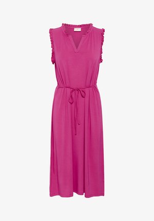 Abito senza maniche fucsia con spalline arricciate, scollo a V e vita con fiocco. Realizzato in tessuto morbido con una silhouette fluida.