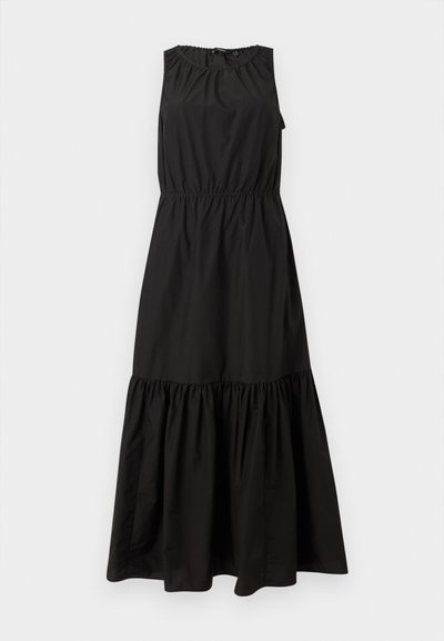 Black sleeveless dress featuring an elastic waistband, gathered neckline, and a tiered, ruffled hemline, made of lightweight fabric.