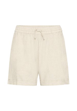 Beige linnen korte broek met elastische tailleband en trekkoord, voorzien van een ontspannen pasvorm en omgeslagen zoom.