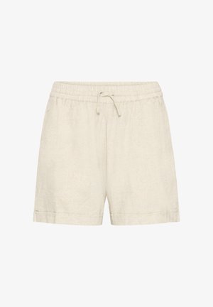 Beige linnen korte broek met elastische tailleband en trekkoord, voorzien van een ontspannen pasvorm en omgeslagen zoom.