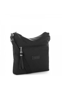 Borsa a spalla nera realizzata in tessuto liscio, con una tasca frontale con zip, un pon-pon staccabile e una tracolla regolabile. Design minimalista.
