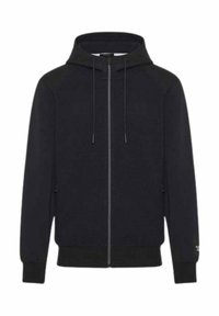 Felpa nera con zip, cappuccio con cordino, polsini e orlo a costine, e tasche laterali, esposta su uno sfondo bianco.