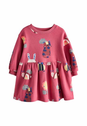 Rosa Kinderkleid mit langen Ärmeln, das verspielte Motive von Tieren, Blumen, Wolken und Regenbögen in sanften Farben zeigt.
