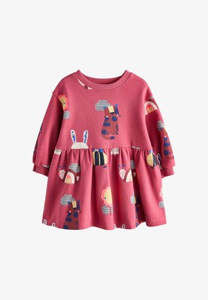 Rosa Kinderkleid mit langen Ärmeln, das verspielte Motive von Tieren, Blumen, Wolken und Regenbögen in sanften Farben zeigt.