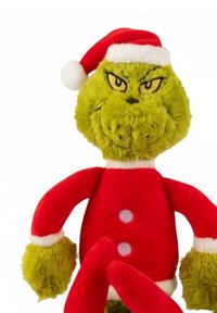 Plush toy resembling the Grinch, covered in green fur, wearing a red Santa suit with white buttons and a red and white hat.