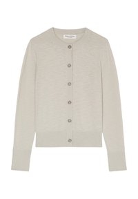 Jasnoszary kardigan wykonany z miękkiej dzianiny, z okrągłym dekoltem, rękawami o pełnej długości i zapięciem na guziki z przodu.