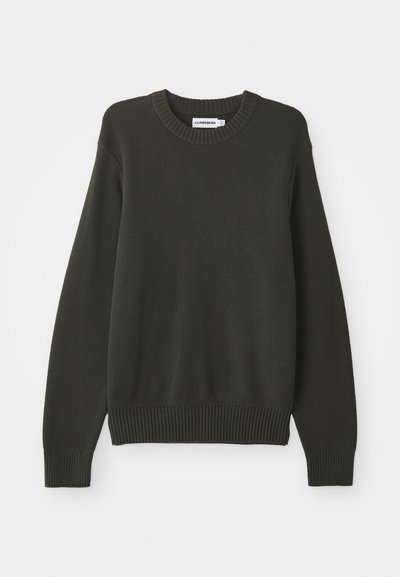 Dunkelgrüner gestrickter Pullover mit klassischem Rundhalsausschnitt, gerippten Bündchen und Saum. Verfügt über ein strukturiertes Muster im gesamten Stoff.