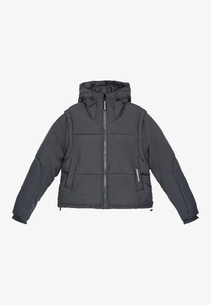 Gray padded jacket with a hood, featuring a front zipper, two side pockets, and elastic cuffs for warmth and comfort.