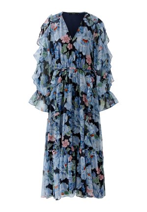 Fließendes schwarzes Kleid mit blauem und rosa Blumenmuster, V-Ausschnitt, langen Rüschenärmeln und mehrlagigem Rock mit Rüschendetails.