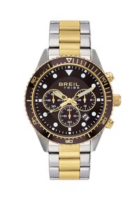 Montre pour homme Breil Tribe avec cadran noir, bracelet en acier inoxydable or et argent, trois sous-cadrans et affichage de la date à 4 heures.