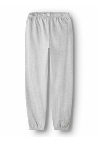 Svetlo sive trenirke z elastičnim pasom, zoženimi hlačnicami in manšetami pri nogavicah. Izdelane iz mehke, raztegljive tkanine z gladko teksturo.