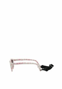 Pink and white frame sunglasses with heart pattern, featuring wide temples and an adjustable black strap for secure fit.