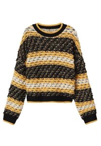 Mustakeltainen ja valkoinen raidoitettu neulepaita, jossa on ribbireunus ja teksturoitu kangas; lyhyt malli pitkillä hihoilla.