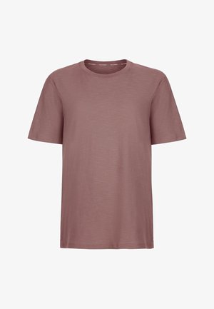 Kurzärmliges, rundhalsiges T-Shirt in Mauve mit glatter Textur und kleinem Logodruck am Halsausschnitt.
