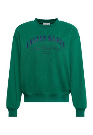 Grünes Sweatshirt mit Rundhalsausschnitt und langen Ärmeln, mit dem Schriftzug "CALVIN KLEIN New York City" in Dunkelblau auf der Vorderseite.