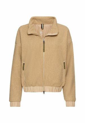 Beige fleece jacket with a high collar, zip front, and elastic cuffs. Includes side pockets and a gathered hem for a snug fit.