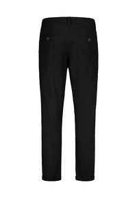 Black pants with a straight-leg design, made of smooth fabric, featuring two back pockets with metal accents and folded cuffs.