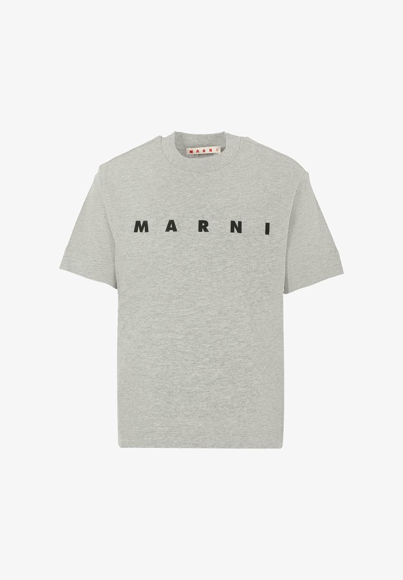Grijze katoen t-shirt met korte mouwen, voorzien van "MARNI" in vetgedrukte zwarte letters op de borst. Ronde halslijn, relaxed fit.