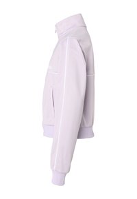 Lavendelfärgad zip-up jacka med hög krage, sidoficka och ribbad mudd. Har vit piping längs sömmarna för extra detaljer.