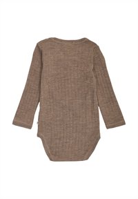Hnědé pruhované body s dlouhým rukávem, kulatým výstřihem a zapínáním na patentky dole. Měkká texturovaná látka s jemným pružením.