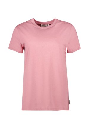 Roze t-shirt met korte mouwen, gemaakt van zacht katoen, met een ronde halslijn, rechte snit en een klein merklabel aan de zijkant.