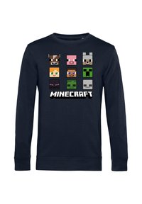 Sudadera de manga larga en color navy con cabezas de personajes pixelados de Minecraft en varios colores. Logotipo "MINECRAFT" impreso debajo en letras blancas en negrita.