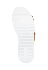 Lightweight sandal sole in white, featuring horizontal grooves for grip. Upper material appears to be tan suede with a rounded shape.