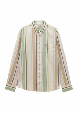 Long-sleeve button-up shirt with vertical stripes in green, beige, blue, yellow, pink, and white, featuring a chest pocket with small embroidered detail.