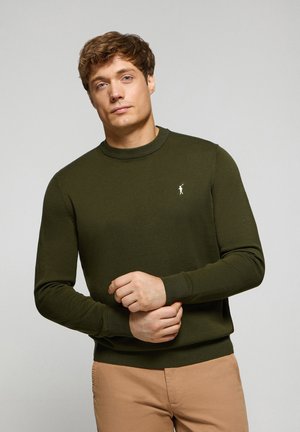 Groene gebreide trui met een ronde hals en geribde manchetten, voorzien van een klein wit logo op de linkerkant van de borst. Draagt met beige broek.