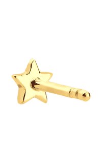 Guld stjerneformet ørestik med en glat overflade og en kort stift. Stjernen har fem spidse kanter og en poleret finish.