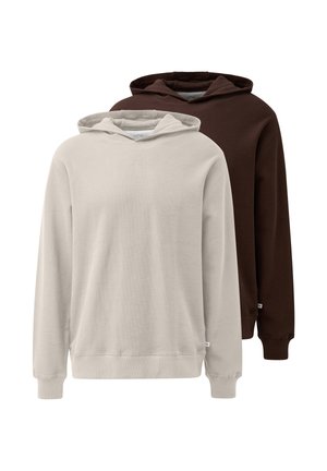 To enkle hættetrøjer, en lys beige foran og en mørkebrun bagved, vist på en hvid baggrund.
