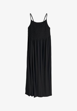 Čierne šaty bez rukávov s riaseným korzetom, splývavá sukňa z ľahkej, textúrovanej látky a nastaviteľné tenké ramienka.