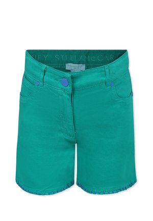 Shorts in denim turchese con bottoni blu a contrasto, dotati di un design a quattro tasche e cuciture a contrasto lungo l'orlo.