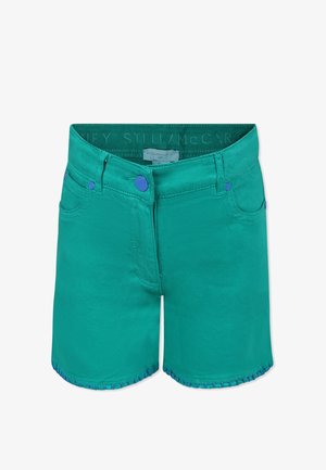 Shorts en denim turquoise avec des boutons accent bleu, présentant un design à quatre poches et des coutures contrastantes le long de l'ourlet.