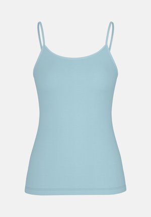 Camisole bleu clair sans manches avec fines bretelles et encolure dégagée sur un fond uni.