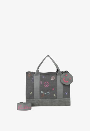 Sac fourre-tout gris avec des gribouillis colorés, texte "oh hello", breloque visage souriant et bandoulière détachable avec le texte "fritzi" en rose.