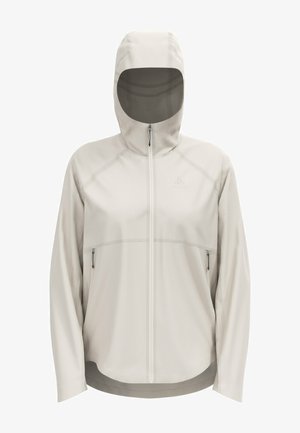 Light grey jacket with a hood, featuring a full zip front, two zippered side pockets, and a slightly curved hem. Smooth, lightweight material.
